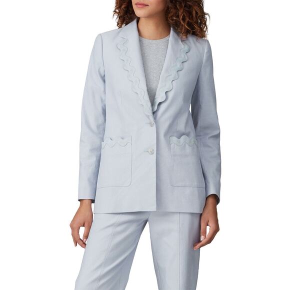 REBECCA TAYLOR Light Blue 70s Rickrack Trim Double Breasted Slub Jacket Blazer 8 - Picture 1 of 16